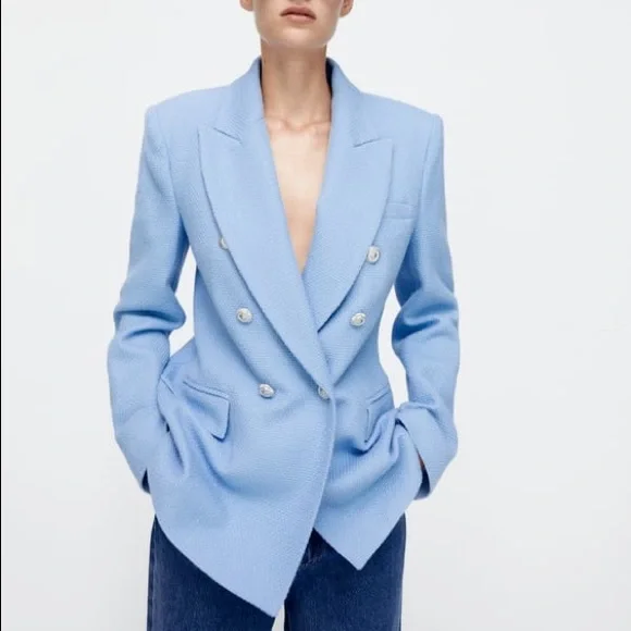 ジャケット PLAIN Blue Double-breasted Jacket in Linen Woman Double-breasted Blazer In Stretch Linen Blend For Women | J.Crew